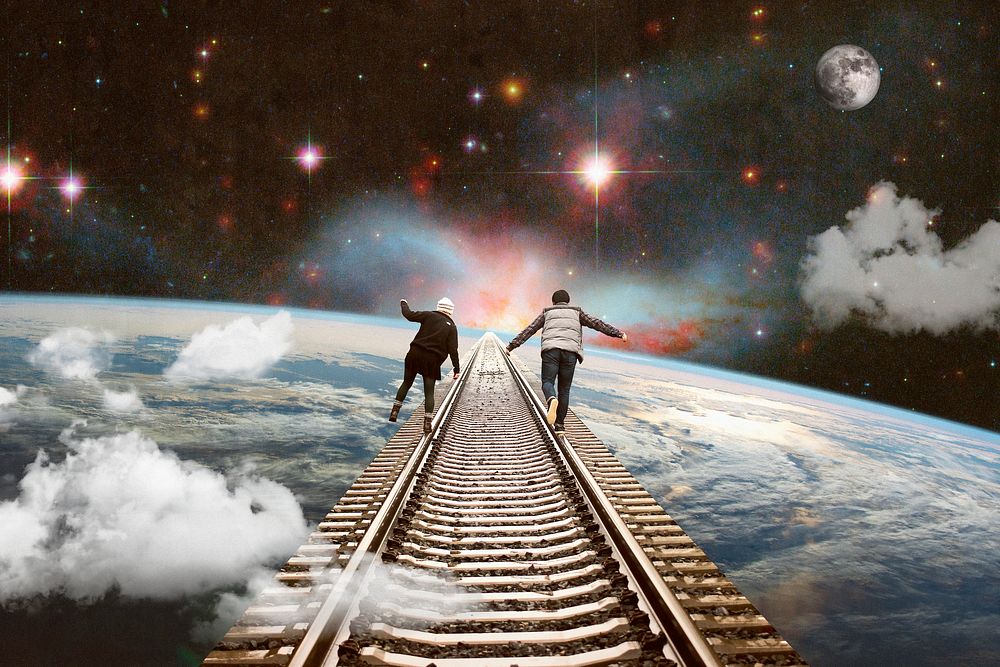 Couple journey background, collage art, surreal remixed media psd 