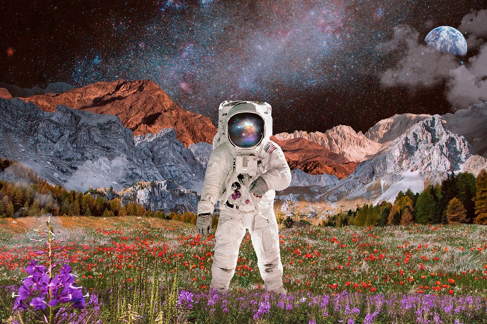 Astronaut in nature background, surreal escapism remixed media