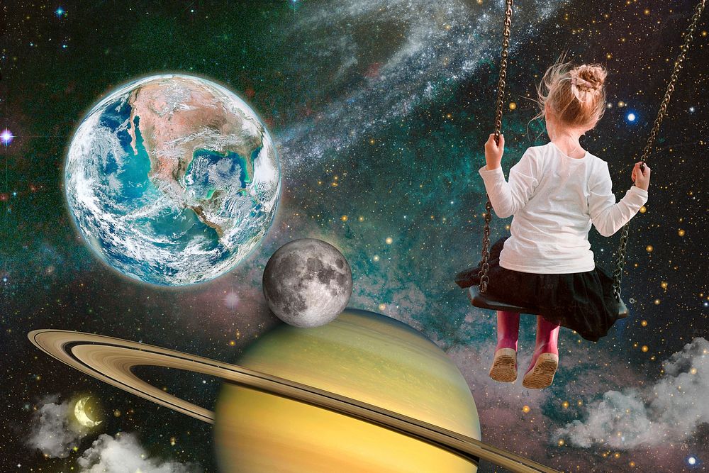 Kid in space background, surreal escapism remixed media