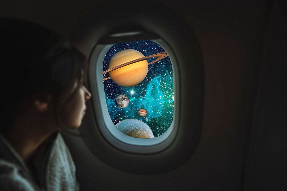 Galaxy airplane window background, collage art, surreal remixed media psd 