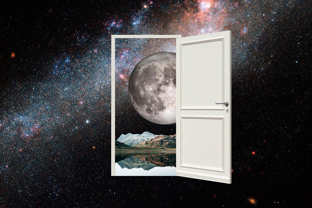 Door to universe background, surreal escapism remixed media