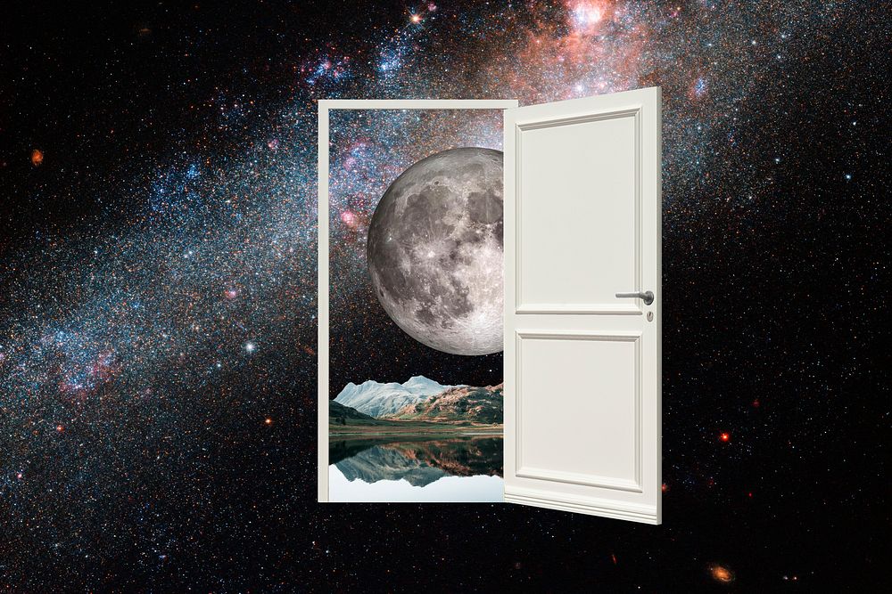 Door to universe background, collage art, surreal remixed media psd 