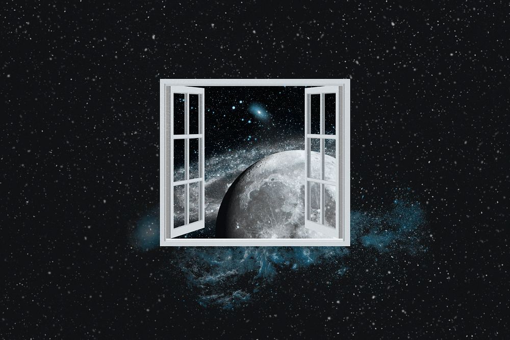Window to space background, collage art, surreal remixed media psd 