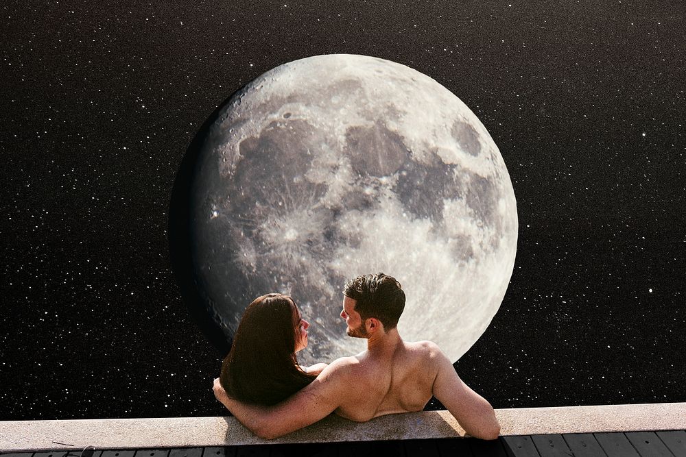 Couple vacation background, moon collage art, remixed media psd 