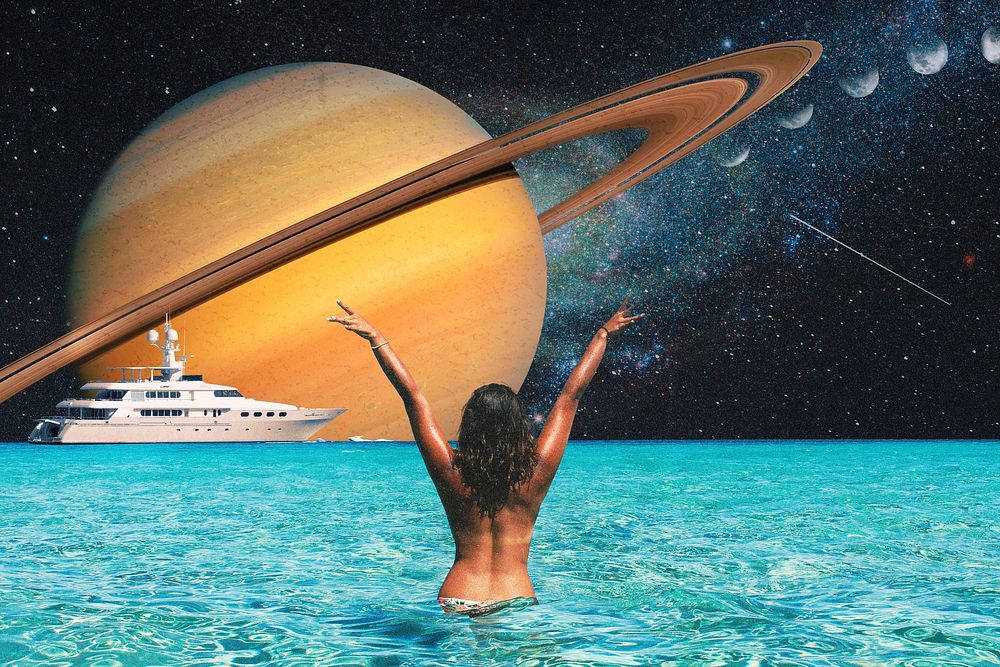 Summer vacation background, Saturn collage art, remixed media psd 