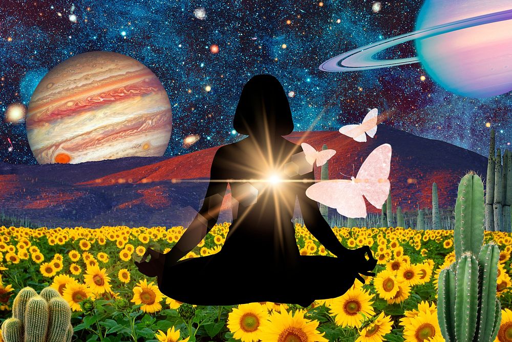 Enlightment meditation background, galaxy collage art remixed media