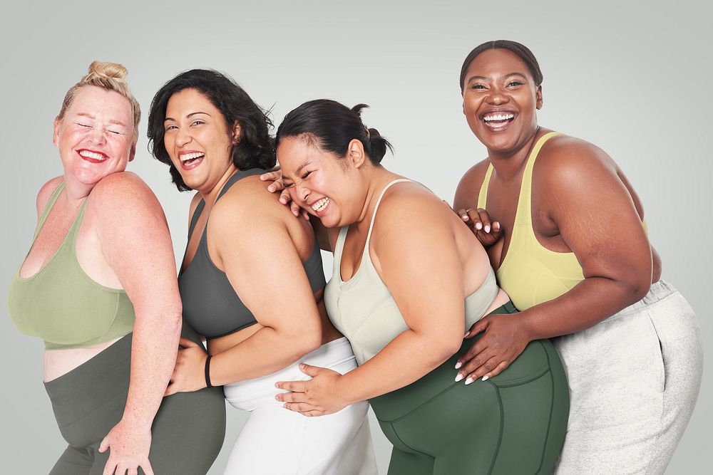 Plus-size sportswear apparel, happy women 