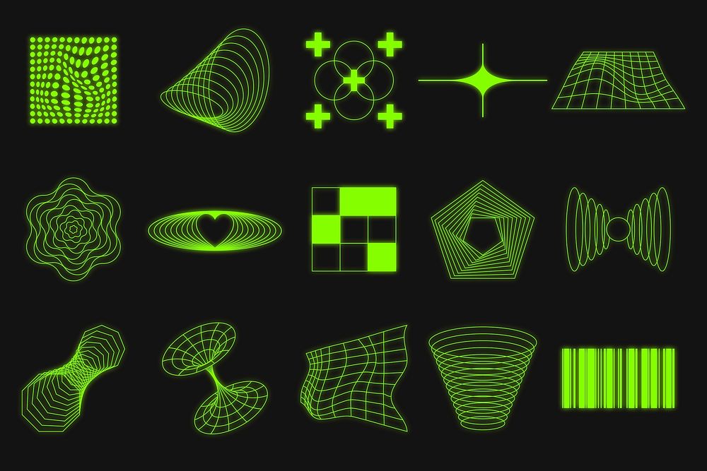 Neon wireframe shapes, abstract geometric set vector