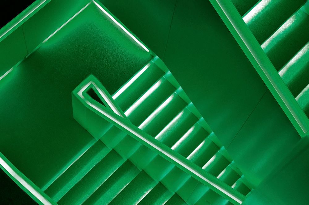Green neon staircase, architecture background