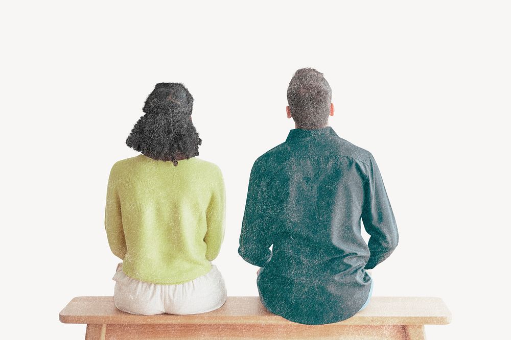 Couple sitting, vintage illustration collage element psd