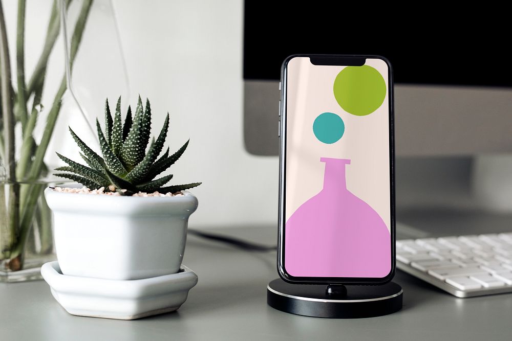 Smartphone screen mockup, desk setup psd