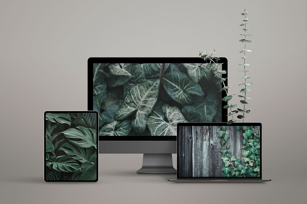 Digital device screen mockup, botanical wallpapers  psd
