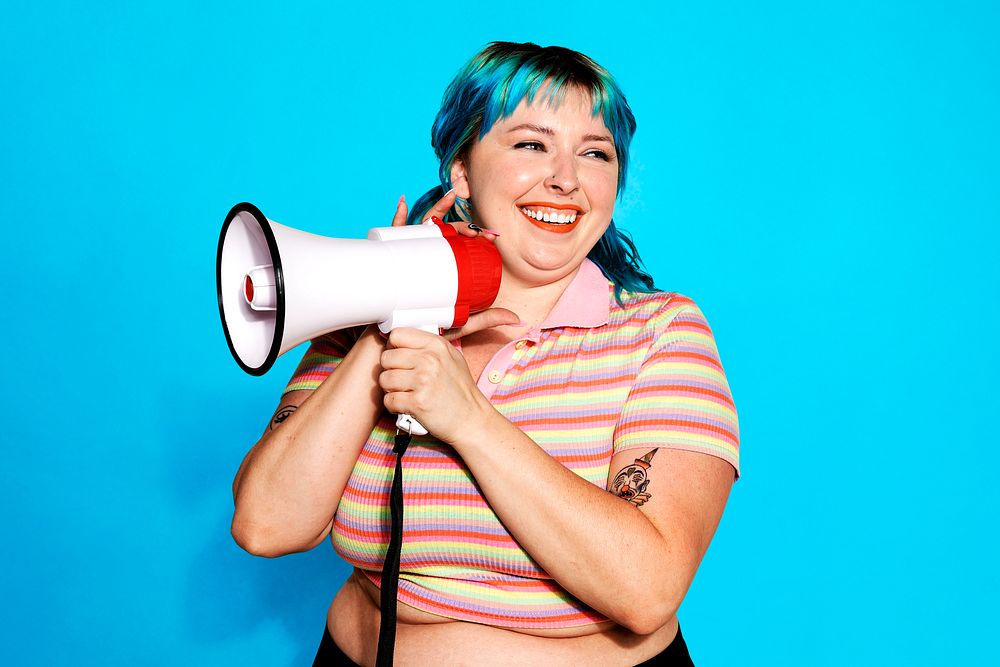 Plus size woman with a white megaphone