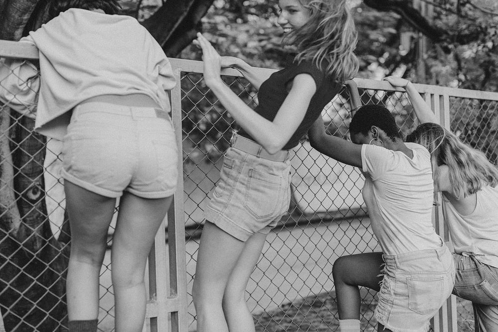 Friendship, women climbing fence, gray photo