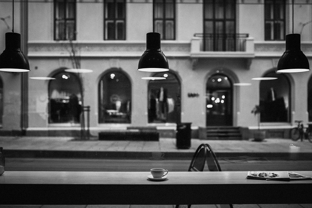 Cafe window view, gray photo