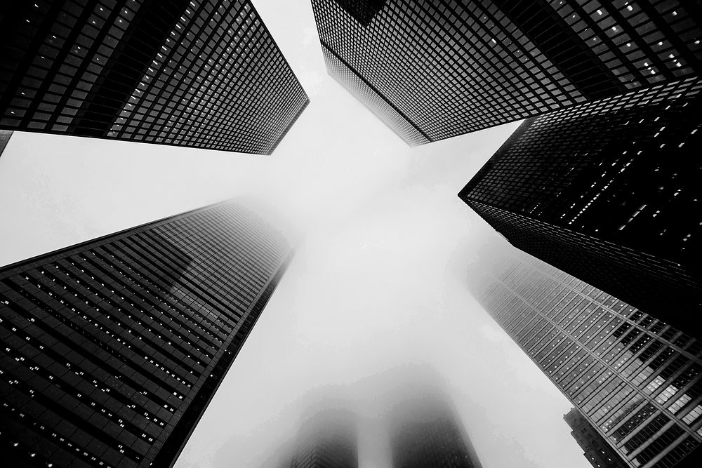 Foggy skyscrapers, black & white background