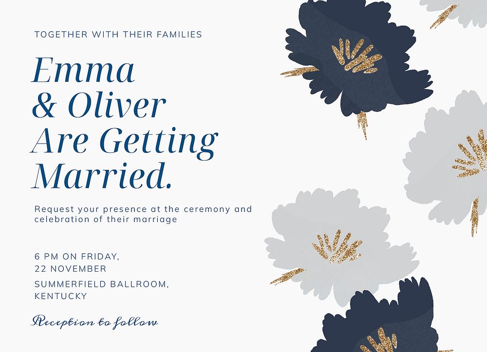 Blue wedding invitation card template, editable design psd