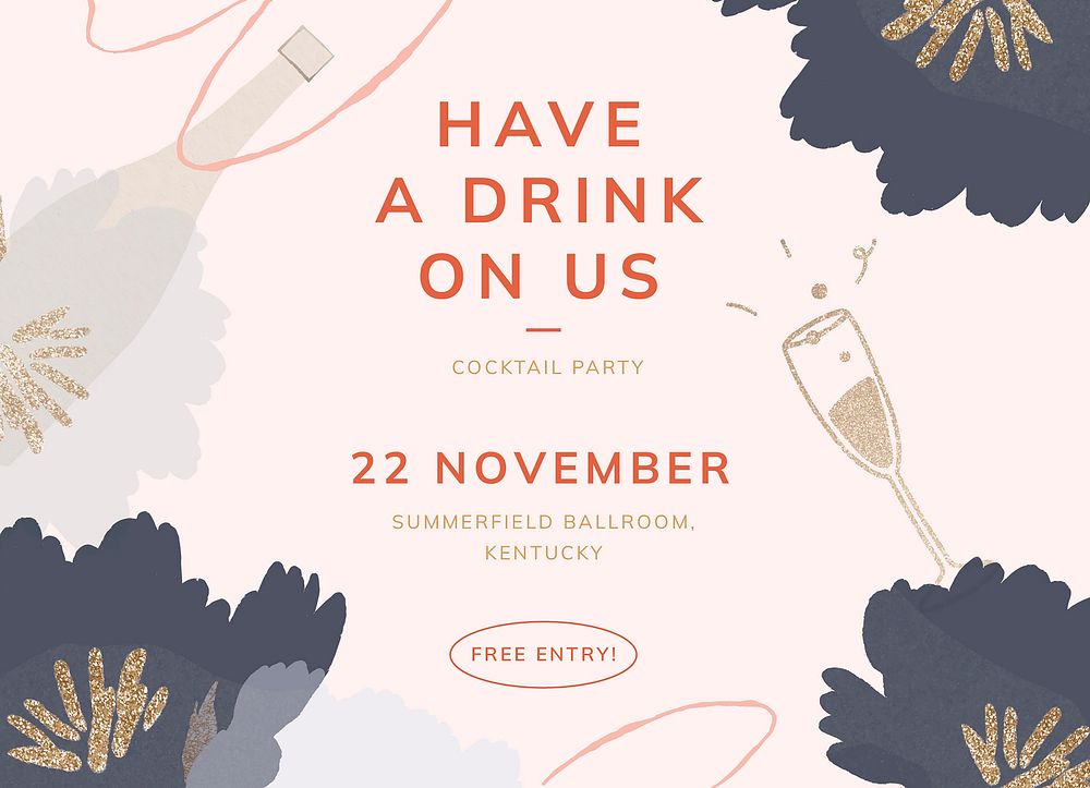 Cocktail party invitation card template, editable design vector