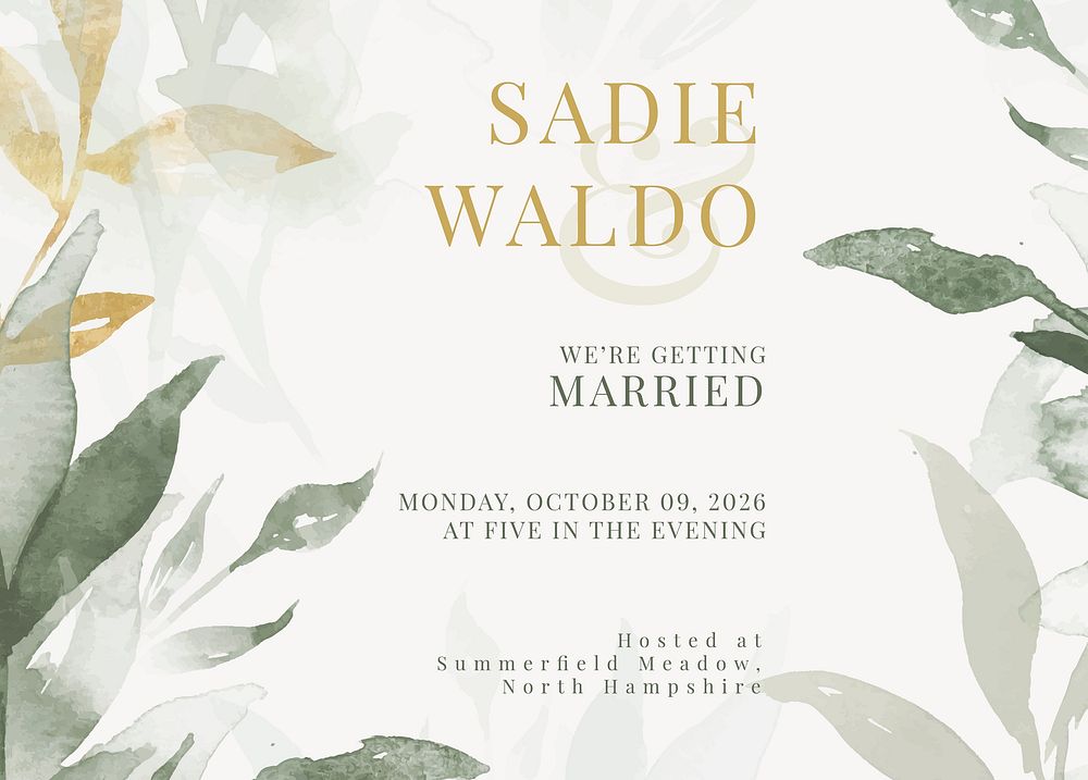 Botanical wedding invitation card template, editable design vector