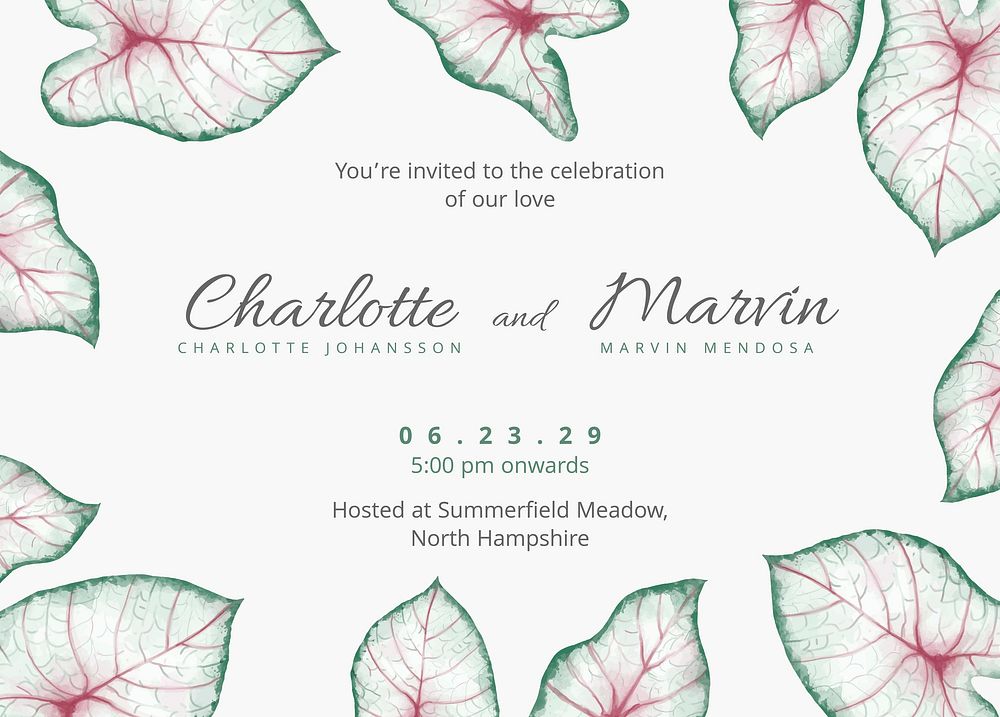 Leaf wedding invitation card template, editable design vector