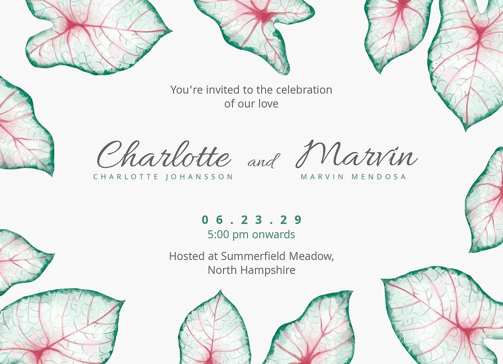 Leaf wedding invitation card template, editable design psd