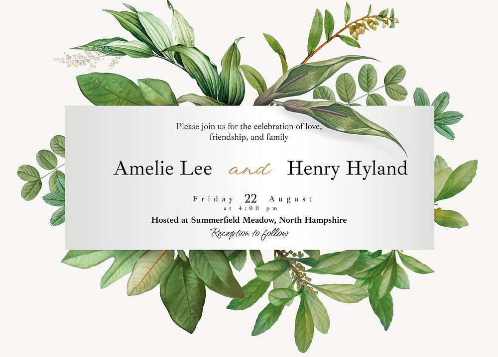 Wedding reception invitation card template, editable design vector