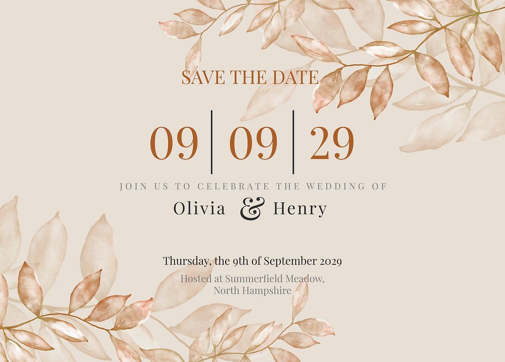 Autumn wedding invitation card template, editable design vector