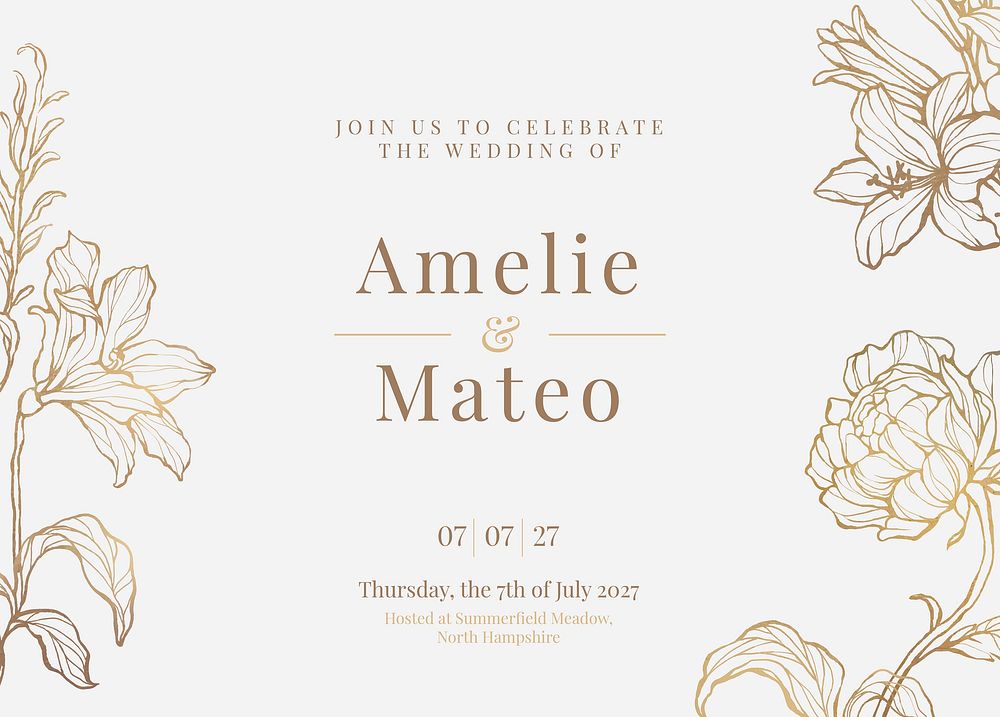 Floral wedding invitation card template, editable design vector