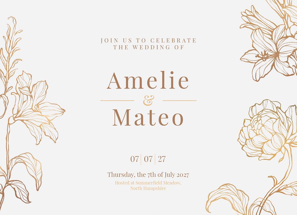 Floral wedding invitation card template, editable design psd