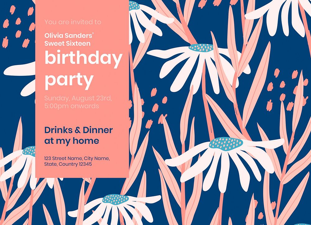 Birthday party invitation card template, editable design psd