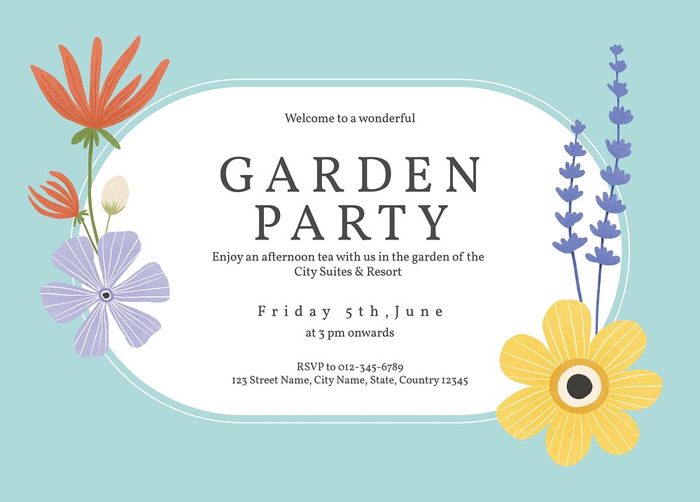 Garden party invitation card template, editable design vector
