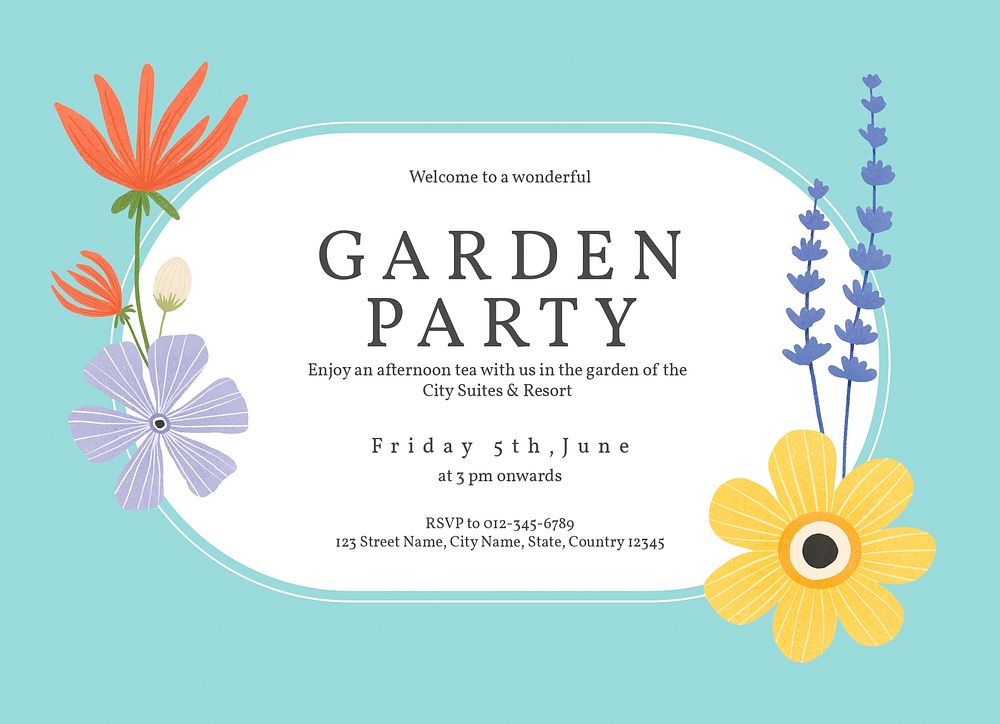 Garden party invitation card template, editable design psd