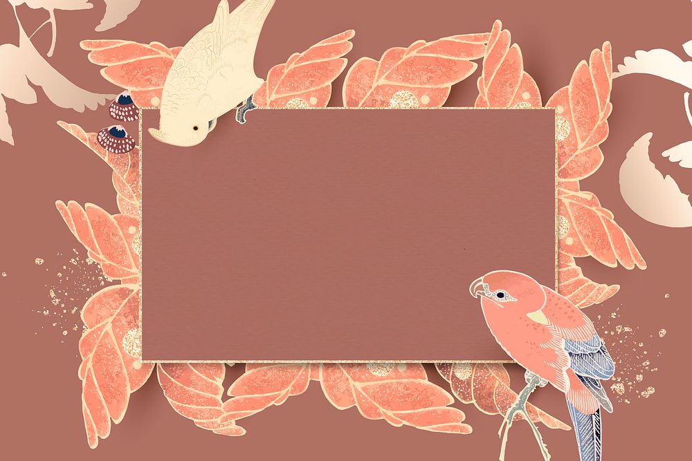 Gold frame with parrot, macaw, and leaf motifs on a warm sienna background vector