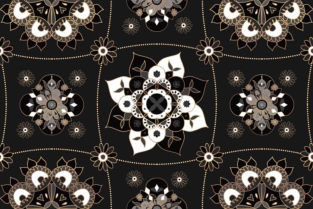 Mandala black botanical Indian pattern background