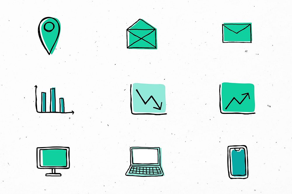 Green business icons psd with doodle art design set
