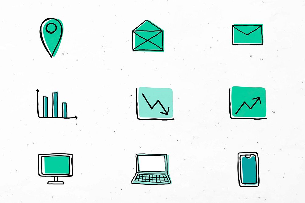 Green business icons vector with doodle art design set