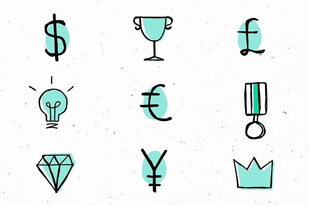 Green psd currency symbols icons doodle set