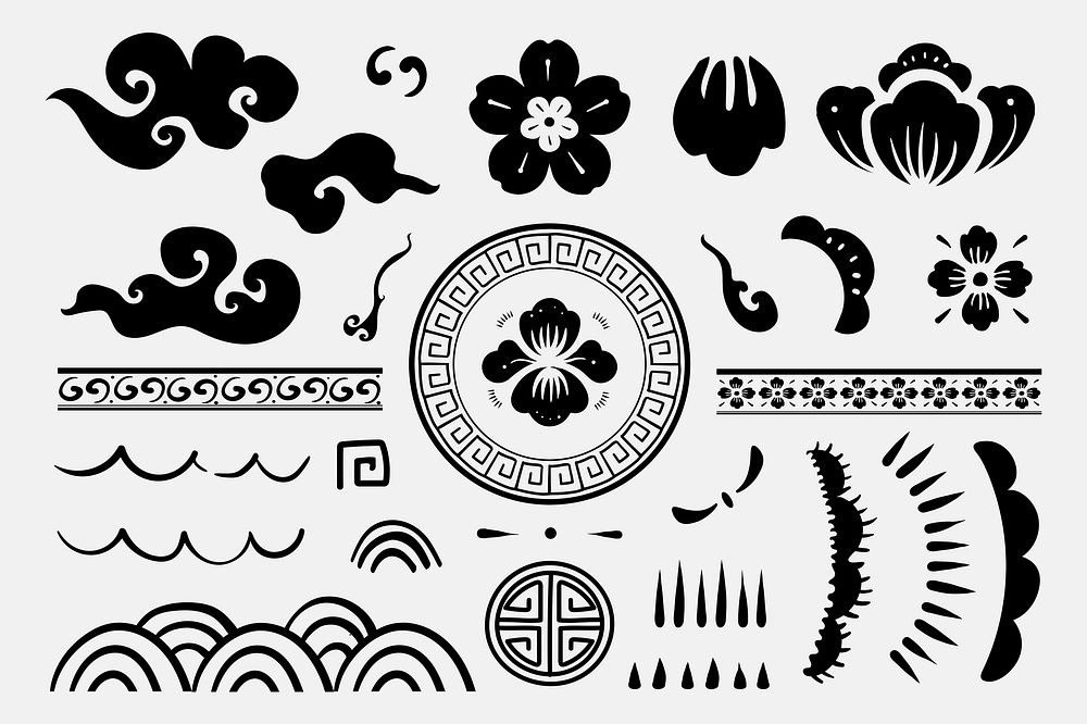 Black Chinese traditional flowers psd temporary tattoos set