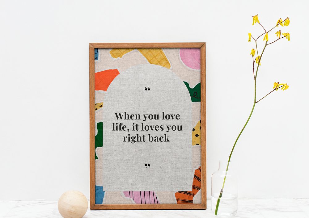 Wooden picture frame mockup psd with motivational quote on ripped paper collage background
