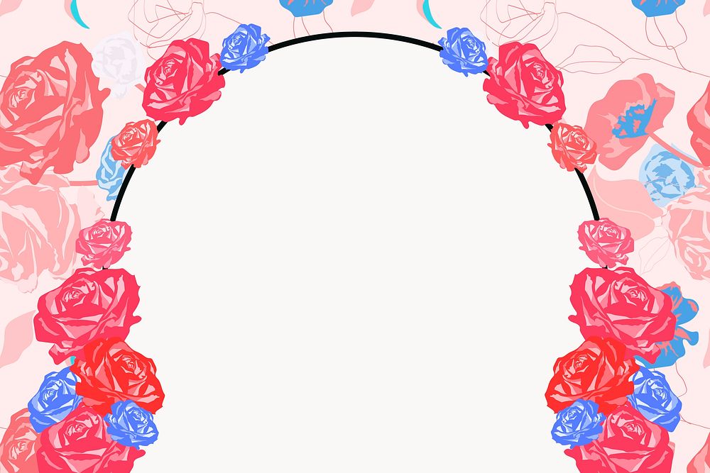 Cute floral arched frame with pink roses on white background