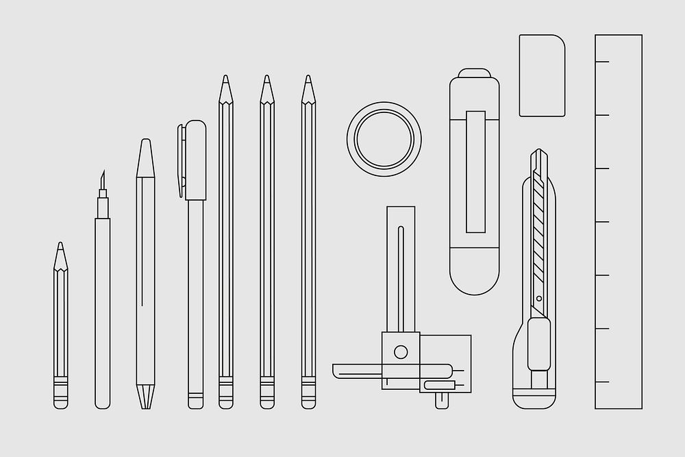 Stationery outline illustration set, pens and ruler