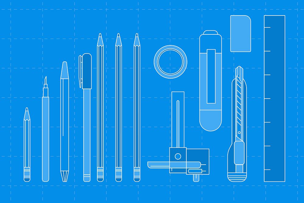 Blue stationery outline illustration set