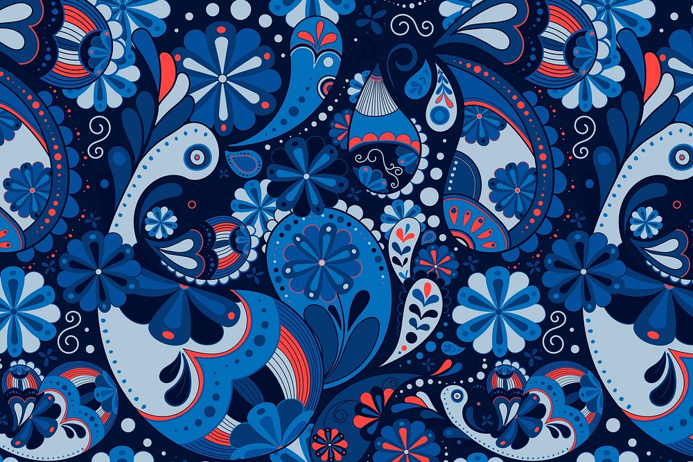 Blue paisley pattern background, Indian floral art