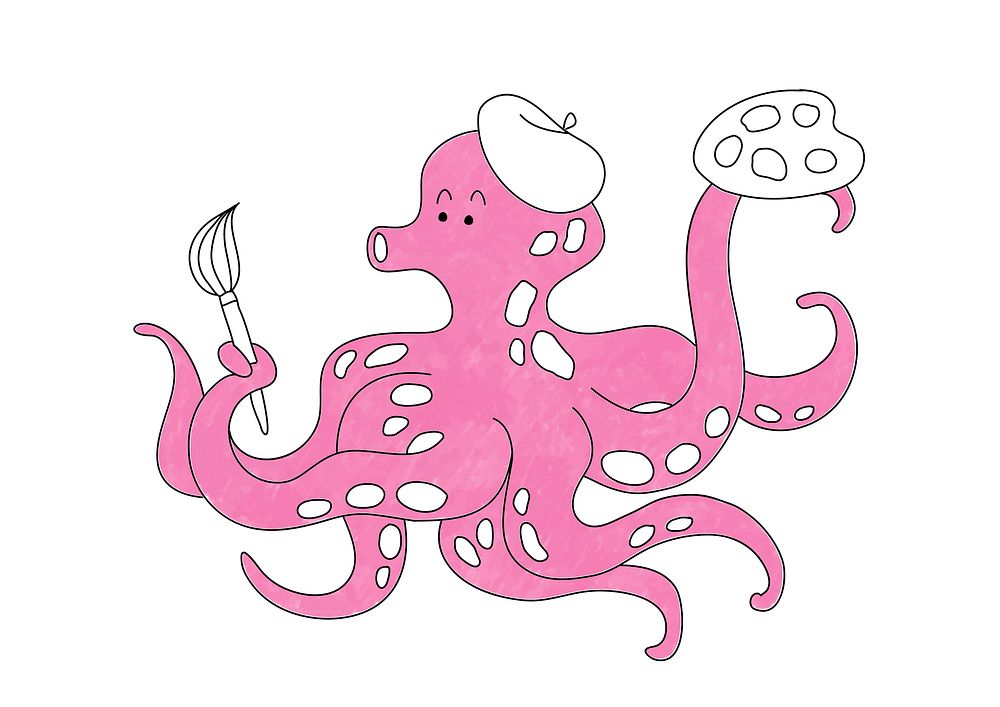 Octopus painter design element, editable coloring page for kids vector