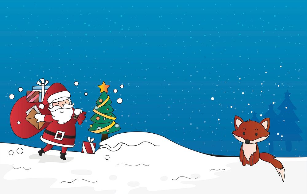 Christmas cartoon background, Santa, fox in the snow