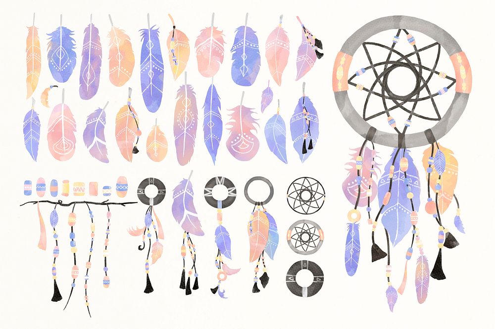 Pastel bohemian illustrated feather and dreamcatcher collection