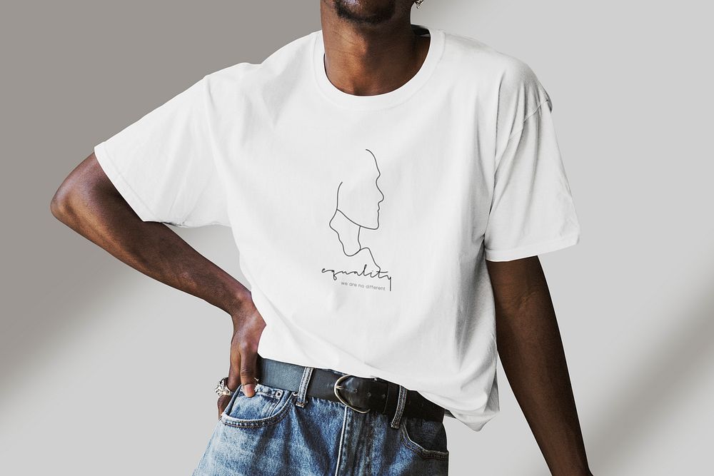 Black man wearing a silk screen white t-shirt mockup
