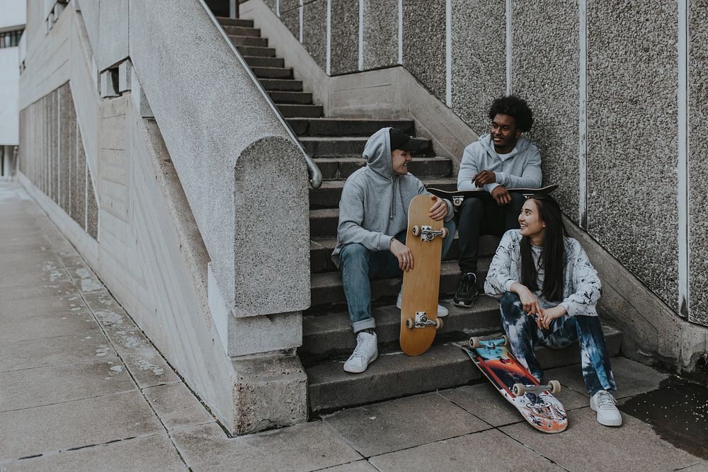 Teenage skateboarders hanging out, hobby, street urban photo