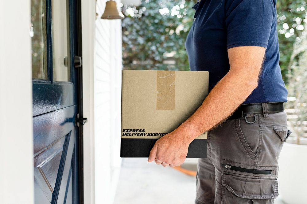 Parcel box mockup, delivery man