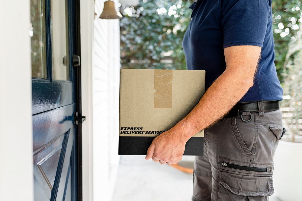 Parcel box, delivery man at the door photo